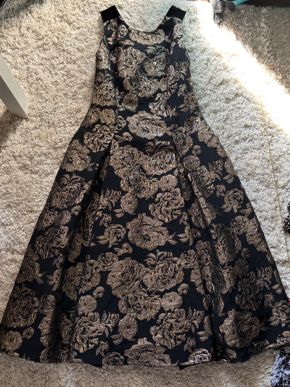 Eliza J Black and Gold Floral Jacquard Prom Gown